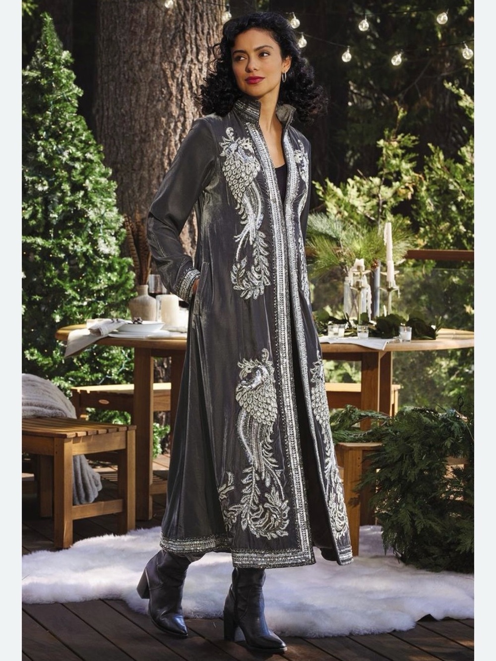 Soft Surroundings Charcoal Gray Embroidered Long Coat